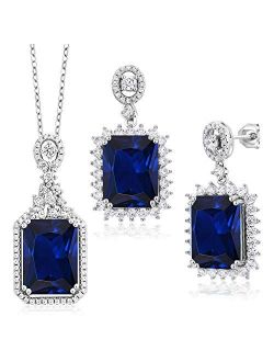 Gem Stone King 31.10 Ct Octagon Blue Simulated Sapphire 925 Silver Pendant Earrings Set