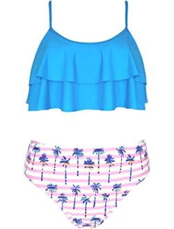 Girls Floral Printing Bathing Suits Ruffle Flounce Two Piece Swimsuits