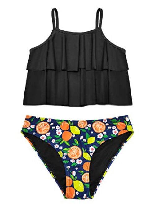 SHEKINI Girls Floral Printing Bathing Suits Ruffle Flounce Two Piece Swimsuits