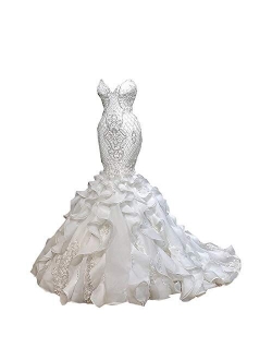 Sleeveless Sweetheart Women's Bridal Ball Gown Mermaid Lace Wedding Dresses with Ruffles Train for Bride