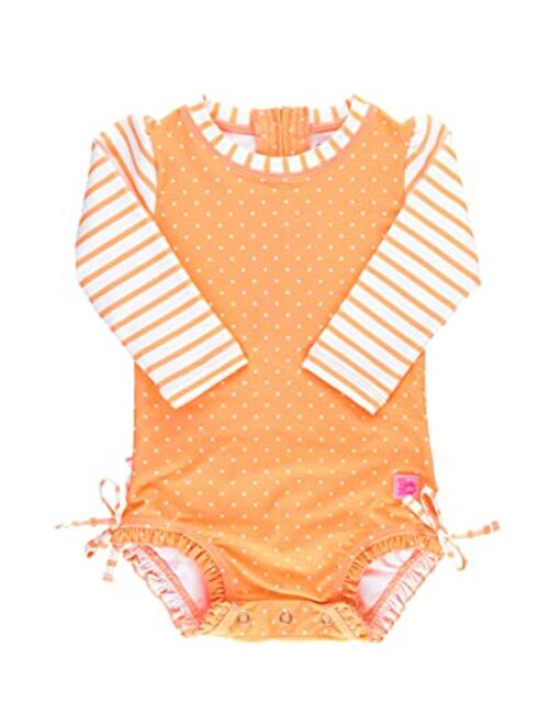 RuffleButts Baby/Toddler Girls UPF 50+ Sun Protection Long Sleeve One Piece Swimsuit with Zipper