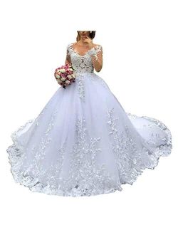 Women's Plus Size Long Sleeve Lace Beaded Princess Wedding Dresses for Bride with Train Bridal Ball Gown