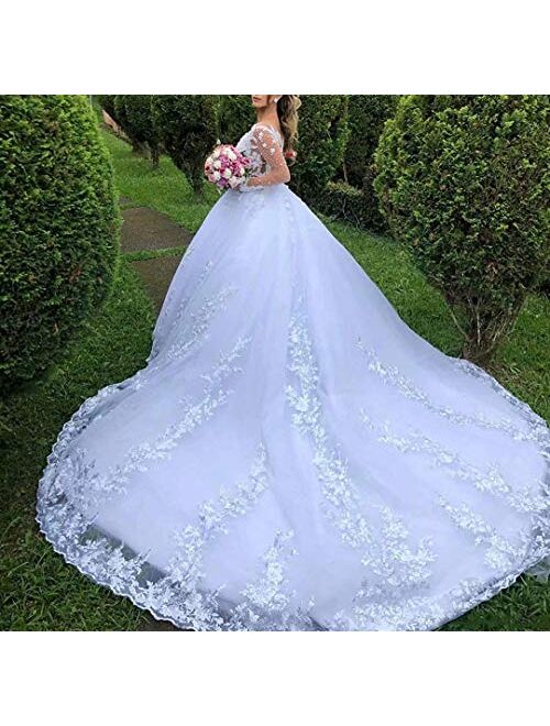 Women's Plus Size Long Sleeve Lace Beaded Princess Wedding Dresses for Bride with Train Bridal Ball Gown