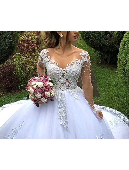 Women's Plus Size Long Sleeve Lace Beaded Princess Wedding Dresses for Bride with Train Bridal Ball Gown