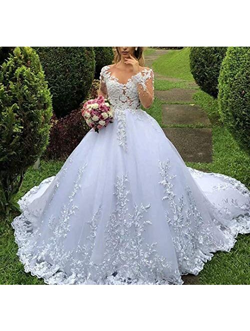 Women's Plus Size Long Sleeve Lace Beaded Princess Wedding Dresses for Bride with Train Bridal Ball Gown