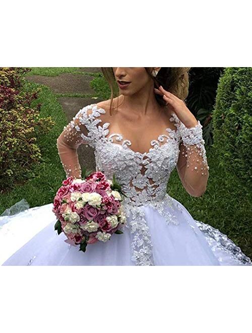 Women's Plus Size Long Sleeve Lace Beaded Princess Wedding Dresses for Bride with Train Bridal Ball Gown