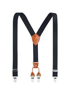 Kids Child Men Boy Suspenders - Adjustable Elastic Solid Color 4 Strong Clips Braces