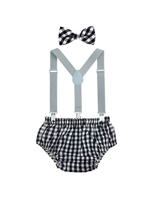 AWAYTR Baby Boys Cake Smash Outfit - First Birthday Party Suspenders Bow Tie Bloomers Set