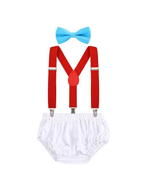 AWAYTR Baby Boys Cake Smash Outfit - First Birthday Party Suspenders Bow Tie Bloomers Set