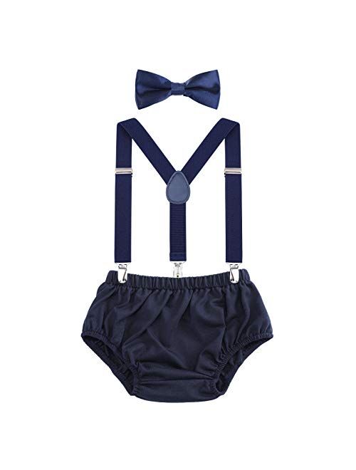 AWAYTR Baby Boys Cake Smash Outfit - First Birthday Party Suspenders Bow Tie Bloomers Set