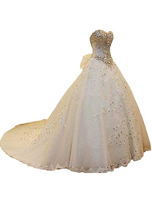 Elliebridal Luxury Beads Crystal Women's Bridal Ball Gown Long Sweetheart Wedding Dresses with Train for Bride