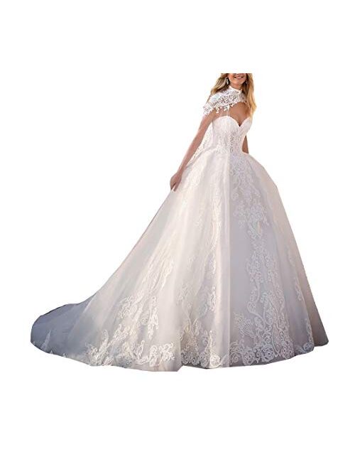 Elliebridal Two Pieces Women's Bridal Ball Gown Long Tulle Lace Wedding Dresses with Capes Long Train for Bride