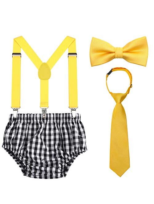 Baby Boys 1st/2nd Birthday Cake Smash Outfit Set Adjustable Suspenders Ties Bloomers for Birthday Photography