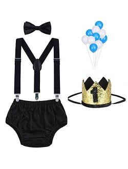 WELROG Baby Boys First Birthday Cake Smash Outfit Bow Tie Suspenders Bloomers Birthday Hat Sparkle Gold Set