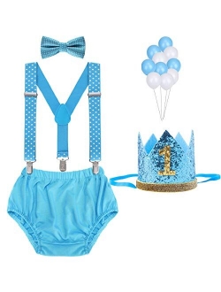 WELROG Baby Boys First Birthday Cake Smash Outfit Bow Tie Suspenders Bloomers Birthday Hat Sparkle Gold Set