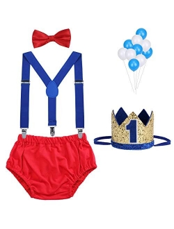 WELROG Baby Boys First Birthday Cake Smash Outfit Bow Tie Suspenders Bloomers Birthday Hat Sparkle Gold Set