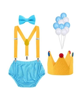 WELROG Baby Boys First Birthday Cake Smash Outfit Bow Tie Suspenders Bloomers Birthday Hat Sparkle Gold Set