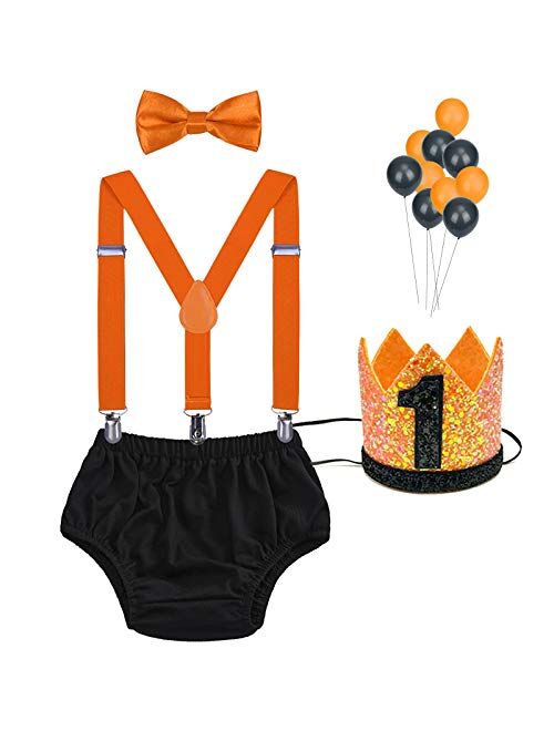 WELROG Baby Boys First Birthday Cake Smash Outfit Bow Tie Suspenders Bloomers Birthday Hat Sparkle Gold Set