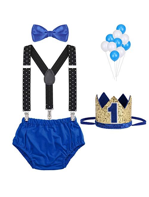 WELROG Baby Boys First Birthday Cake Smash Outfit Bow Tie Suspenders Bloomers Birthday Hat Sparkle Gold Set