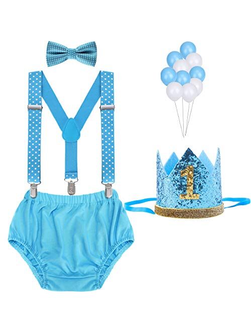 WELROG Baby Boys First Birthday Cake Smash Outfit Bow Tie Suspenders Bloomers Birthday Hat Sparkle Gold Set