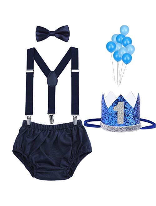 WELROG Baby Boys First Birthday Cake Smash Outfit Bow Tie Suspenders Bloomers Birthday Hat Sparkle Gold Set