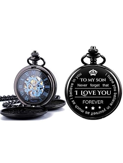 ManChDa Mechanical Double Cover Roman Numerals Dial Skeleton Engraved Pocket Watches with Box and Chain Personalized Custom Engraving