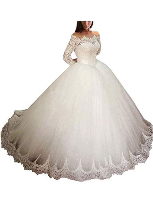 Solandia Plus Size Lace Paillette Corset Bridal Gown Train Off Shoulder Long Sleeve Wedding Dresses for Bride