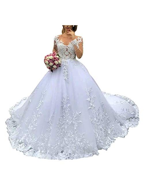 Solandia Women's Illusion Long Sleeve Bridal Gown Plus Size Train Lace Sequins Wedding Dresses for Bride