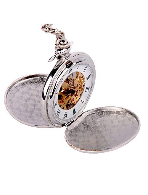 ShoppeWatch Skeleton Pocket Watch Mechanical Movement Hand Wind Full Hunter Silver Tone Engravable Ideal as Groomsmen Watches PW20