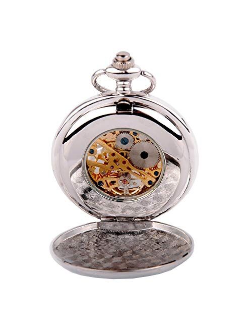 ShoppeWatch Skeleton Pocket Watch Mechanical Movement Hand Wind Full Hunter Silver Tone Engravable Ideal as Groomsmen Watches PW20