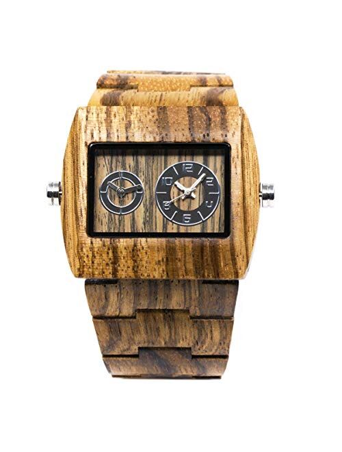 Square Dial Wooden Watches for Men Bewell W021C Dual Time Display Wood Watches (Zebra Wood)