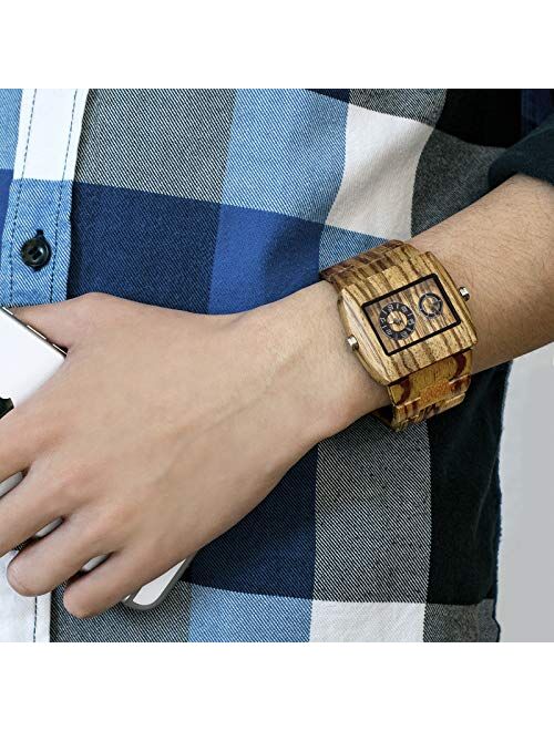 Square Dial Wooden Watches for Men Bewell W021C Dual Time Display Wood Watches (Zebra Wood)