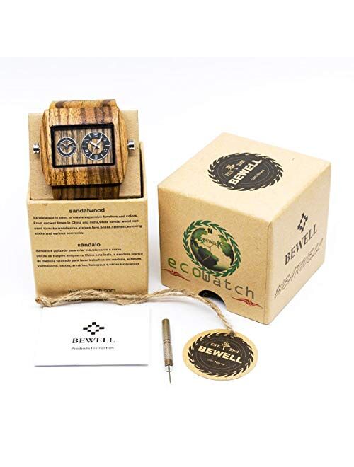 Square Dial Wooden Watches for Men Bewell W021C Dual Time Display Wood Watches (Zebra Wood)