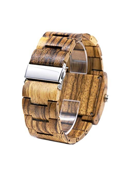 Square Dial Wooden Watches for Men Bewell W021C Dual Time Display Wood Watches (Zebra Wood)