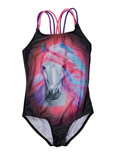 iDrawl Rainbow Swimwear for Girls One Piece, Hot Silver Unicorn Beach Sport Swimming Suits