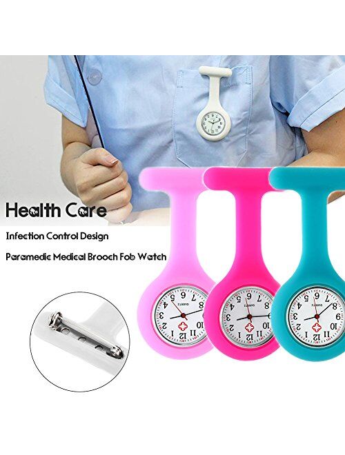 Set of 3 Nurse Watch Brooch, Silicone with Pin/Clip, Infection Control Design, Health Care Nurse Doctor Paramedic Medical Brooch Fob Watch - Pink Rose Blue