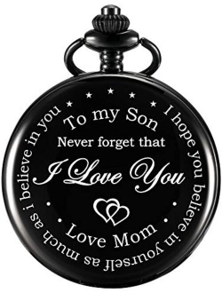 Hicarer Pocket Watch Gift for Son-Never Forget That, I Love You, Love Mom-from Mother to Son Pocket Watch with Chain