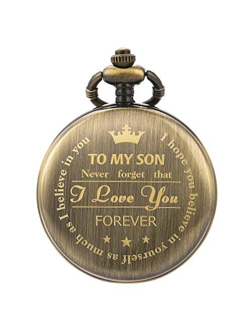 SIBOSUN Personalized Pocket Watch Engraved Back Case Birthday Graduation Men Women to My Son Daughter Eagle Scout Quartz