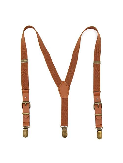 Suspenders for Boys Elastic Kids Pant Suspenders Y Back Tuxedo Braces with Brown Leather and Bronze Clips for Baby Boy