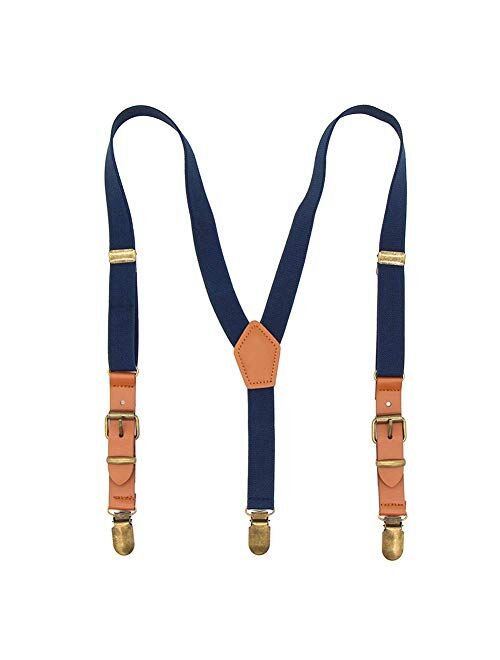 Suspenders for Boys Elastic Kids Pant Suspenders Y Back Tuxedo Braces with Brown Leather and Bronze Clips for Baby Boy