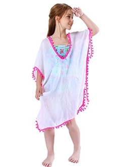 Funnycokid Girls Swimsuit Cover Up Tassel Beach Dress V-Neck Swim Cover-Up 3-12 Years