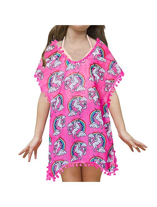 Funnycokid Girls Swimsuit Cover Up Tassel Beach Dress V-Neck Swim Cover-Up 3-12 Years