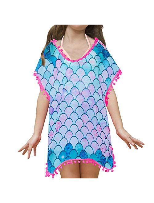 Funnycokid Girls Swimsuit Cover Up Tassel Beach Dress V-Neck Swim Cover-Up 3-12 Years