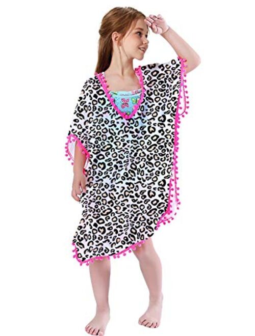 Funnycokid Girls Swimsuit Cover Up Tassel Beach Dress V-Neck Swim Cover-Up 3-12 Years