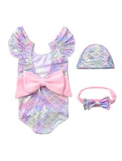 JerrisApparel Girl Mermaid Swimwear Fish Scale Swimsuit Hat Headband 3PCS Set