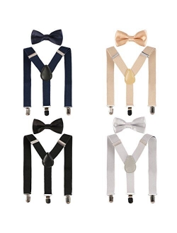 kilofly 4 Sets Boys Pre-tied Adjustable Neck Bow Ties + Elastic Suspenders Pack