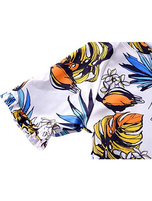 Cadocado Girls Print Zip Rash Guard Swimwear Ruffled UPF 50+ Short Sleeve Bathing Suit Swimsuit