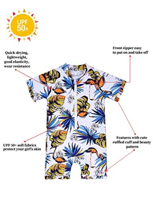 Cadocado Girls Print Zip Rash Guard Swimwear Ruffled UPF 50+ Short Sleeve Bathing Suit Swimsuit