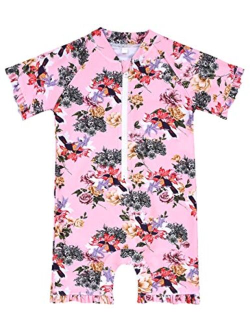 Cadocado Girls Print Zip Rash Guard Swimwear Ruffled UPF 50+ Short Sleeve Bathing Suit Swimsuit