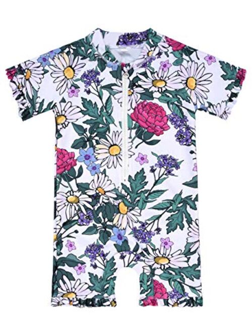 Cadocado Girls Print Zip Rash Guard Swimwear Ruffled UPF 50+ Short Sleeve Bathing Suit Swimsuit